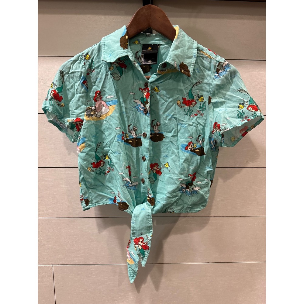 Disney Princess Little Mermaid Ariel Tie Front Crop Shirt Aqua Blue Womens XS